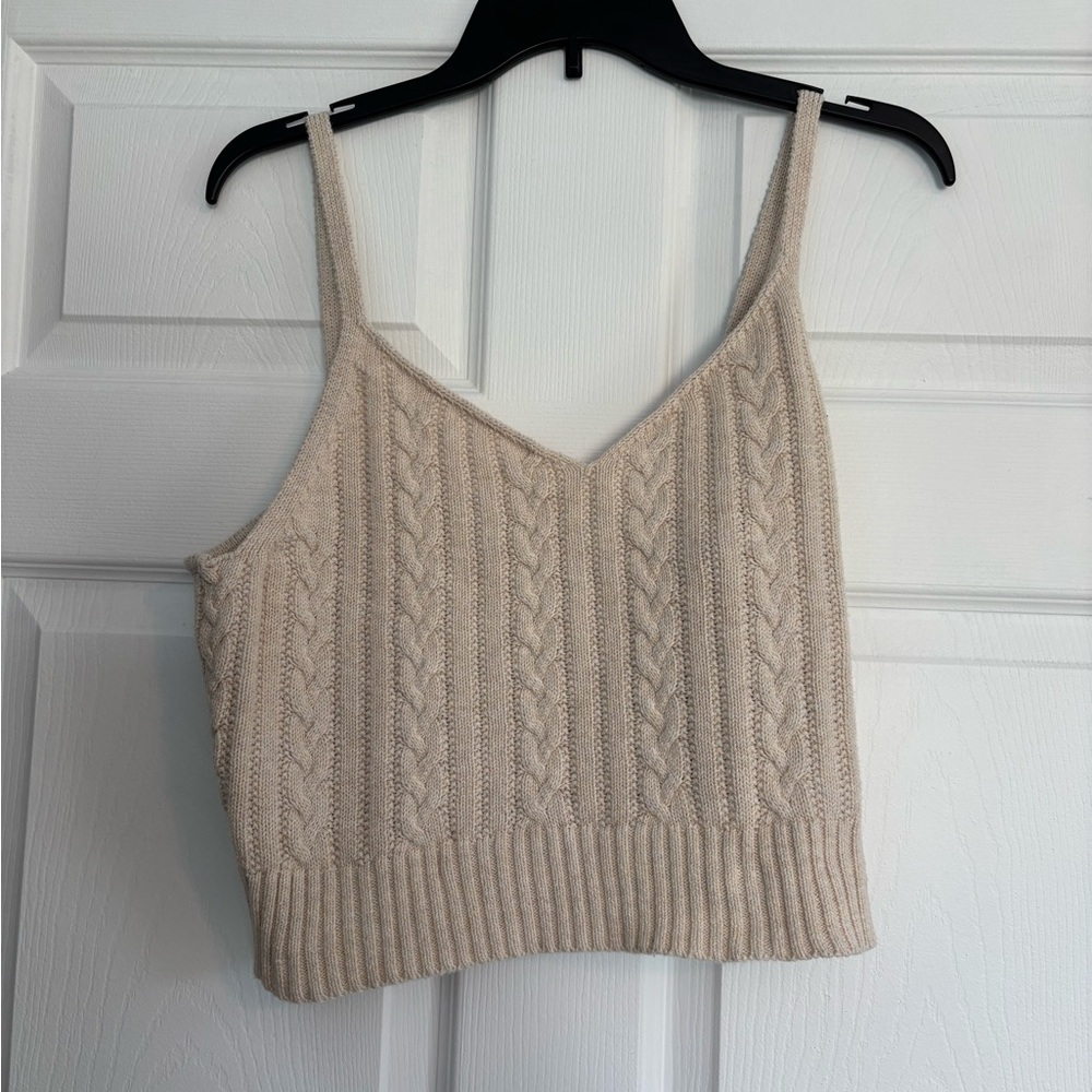 American Eagle Beige Cable-Knit V-Neck Tank Top